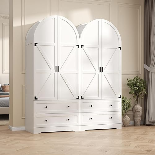 Miniatura 8 de Armario Ropero Blanco de 74.8" con 2 Cajones y 2 Puertas, Armario Alto de Dormitorio Independiente Gabinete de Almacenamiento con Estantes,