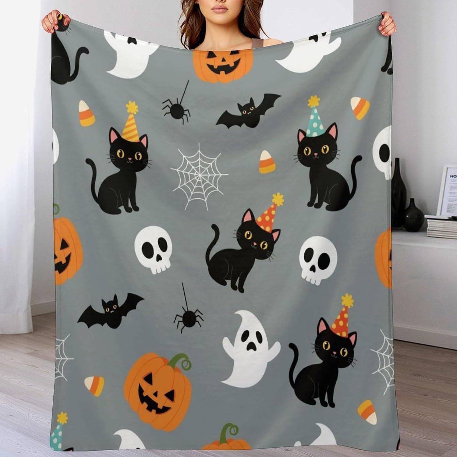 Halloween Cats Ghosts Bats Flannel Throw Blankets Soft Lightweight Fuzzy Plush Decor Blankets and Throws for Couch Sofa Bed 50"x60"