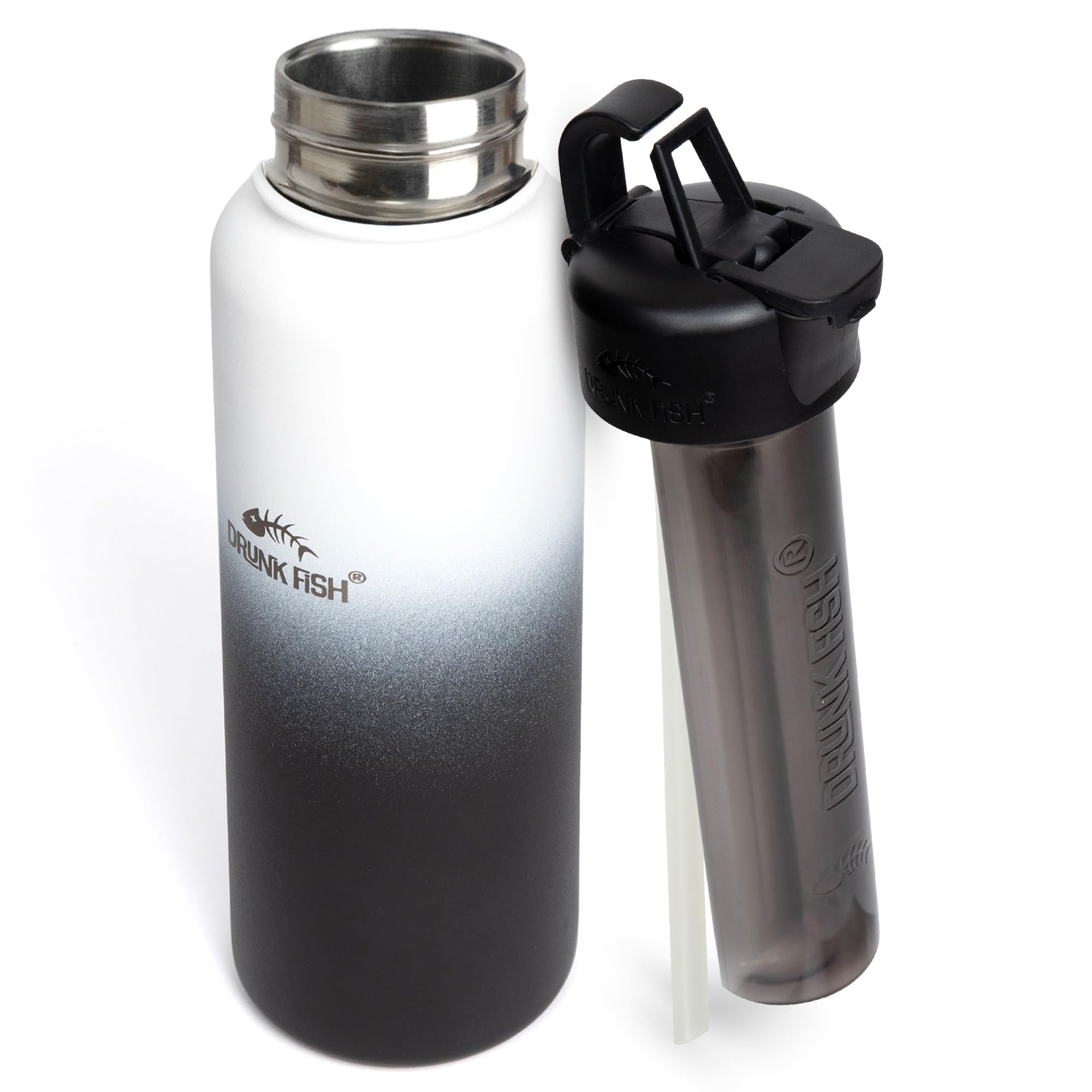Drunk Fish Bottle & Lid | Stainless Steel with Double Wall Vacuum Insulation Bottle, Lid & Flask | Concealed Flask for Spirits Camouflage | Secret Spirits Container | Black & White Ombre