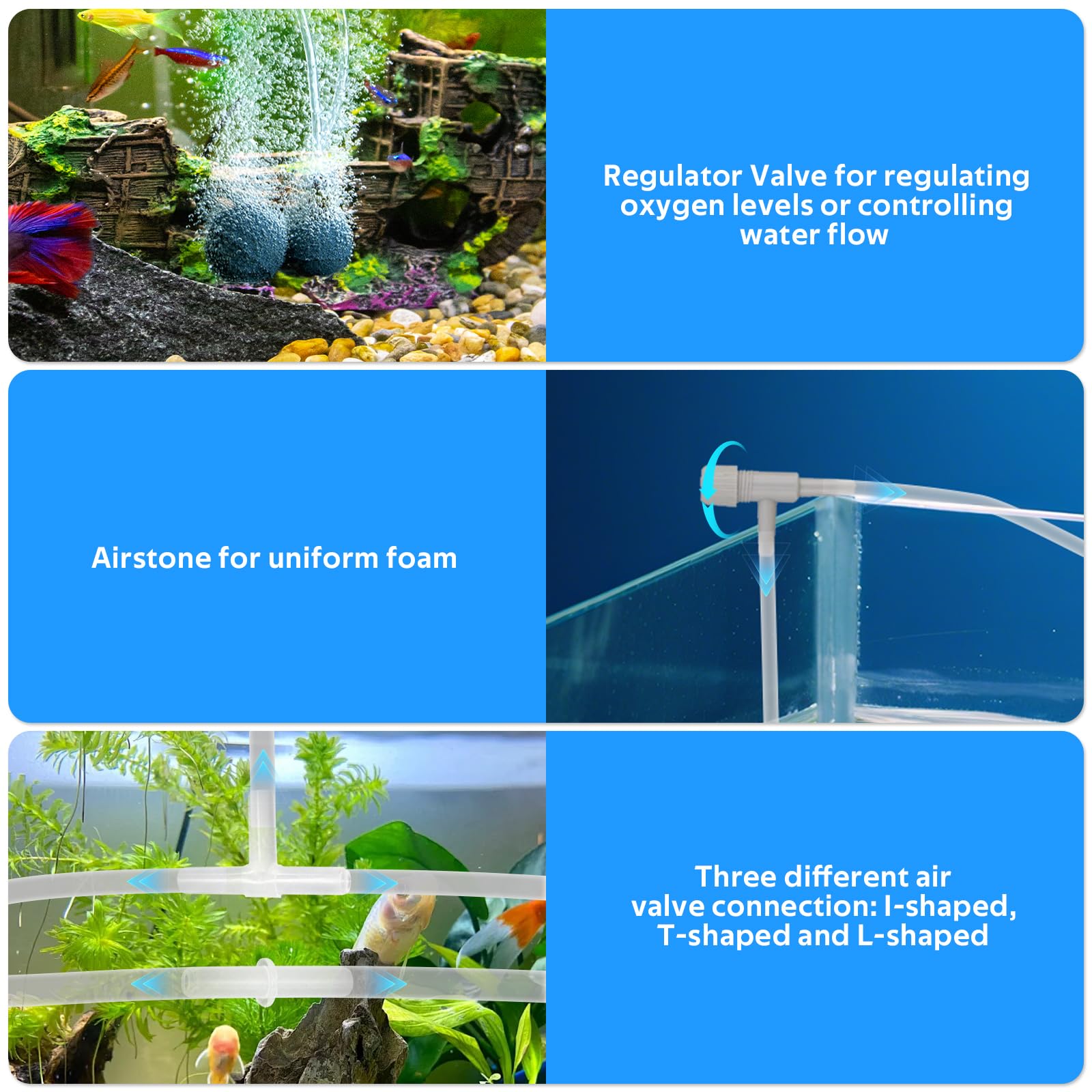 66PCS Accessoires de Pompe à Air pour Aquarium, 5 Voies Séparateur De Flux d'air, 10M Air Line Tube Tuyau, Pierre à Air, valves Anti-Retour, Ventouse, Valves de Contrôle et I/T/L Connecteurs