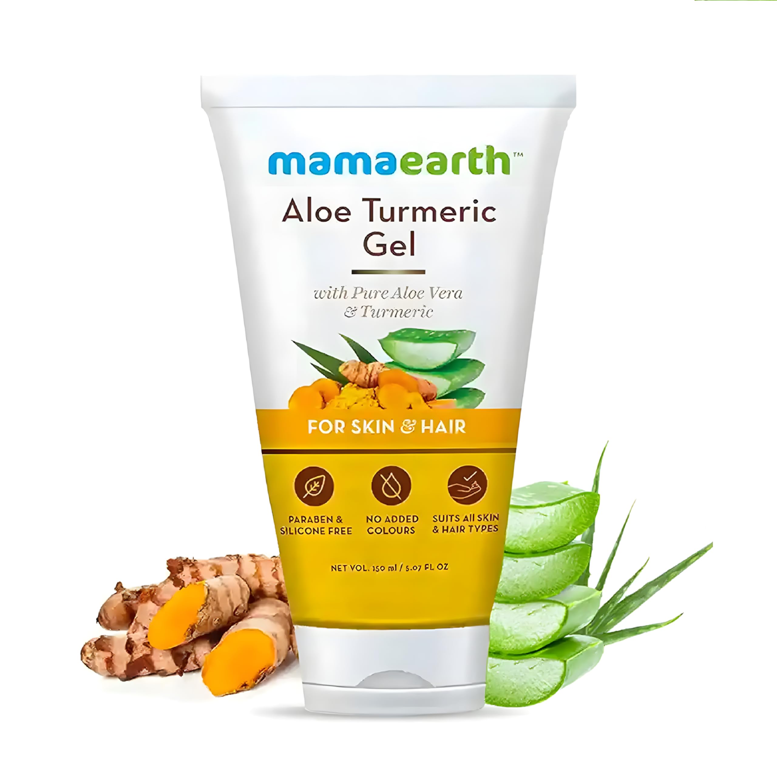 Mamaearth Aloe Turmeric Gel for Healthy Skin & Hair | Reduces Sunburn, Acne, & Dandruff | Hydrates Dry Hair & Nourishes Scalp | Paraben-Free | 5.07 Fl Oz (150ml)