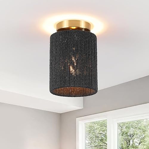 Lámpara de montaje empotrada moderna y bohemia con cuerda de cáñamo rústica, color dorado antiguo, pequeña lámpara de techo para pasillo, granja,