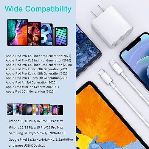 Miniatura 6 de Cargador rápido para iPad, bloque de carga rápida de 20 W con 10 pies certificado Apple MFi cable de carga para iPhone 1616Plus15, iPad 10thAir