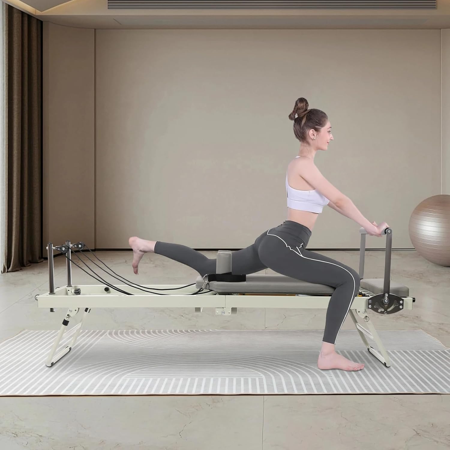 Foldable Yoga Reformer Machine, Multifunctional Yoga Fitness Equipment, Pilates Exercise Equipment with Elastic Latex for Home