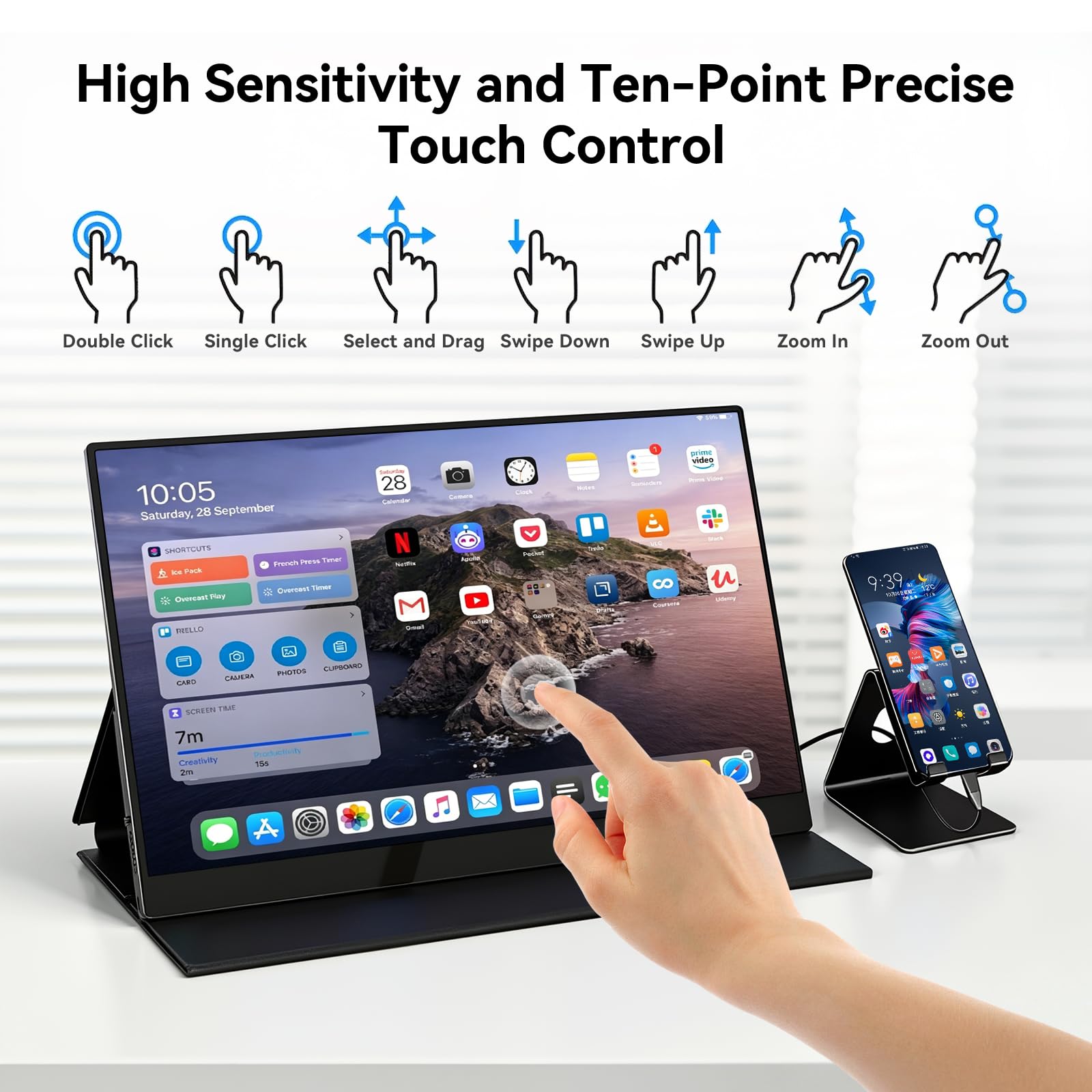 CUNPU Monitor portátil de 15.6 pulgadas, visualización táctil 1080P FHD 60Hz 10 puntos, portátil con funda protectora, altavoces duales, USB-C y mini HDMI, monitor de viaje para laptop, PC, teléfono