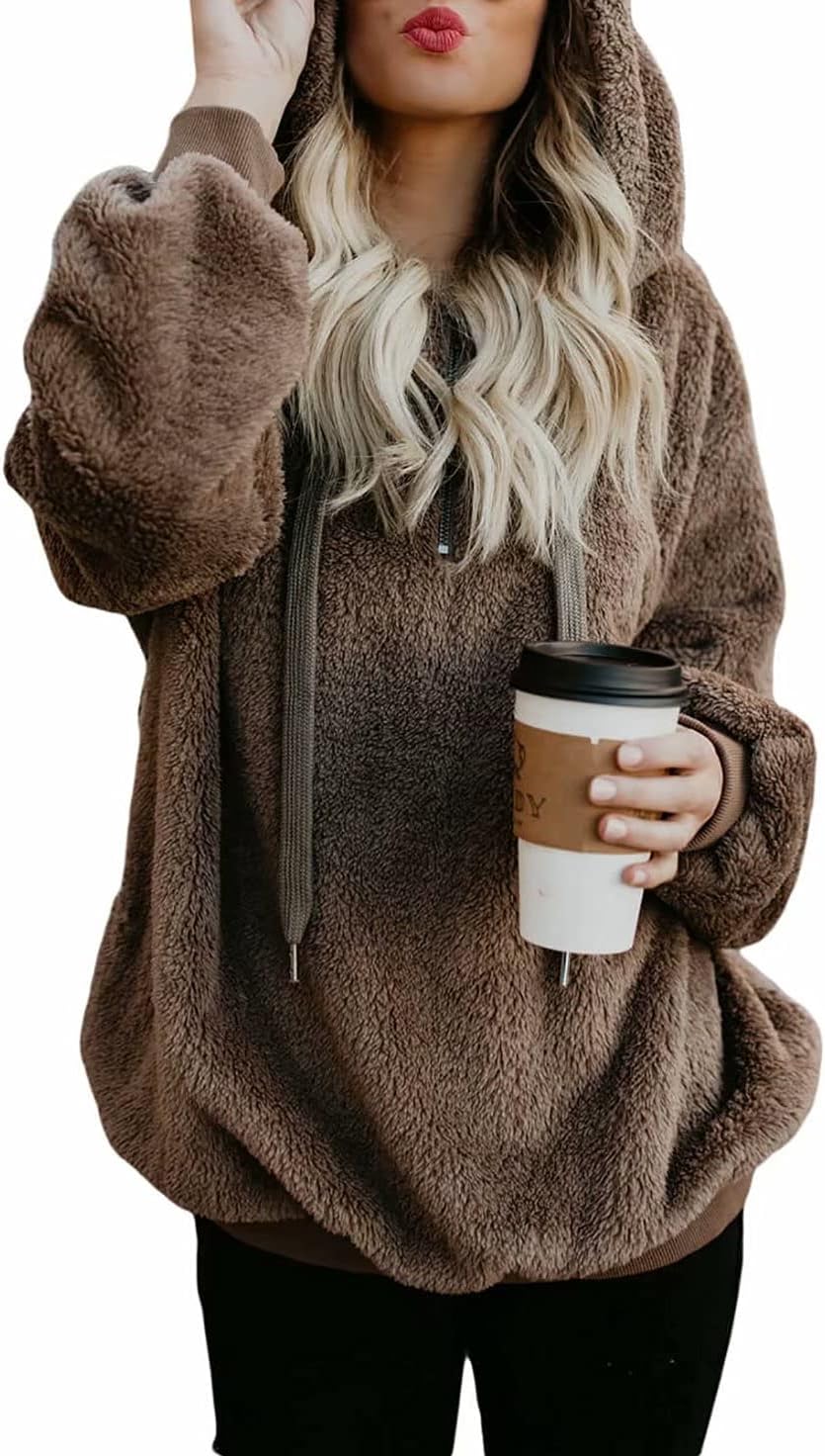 Womens 2023 Fashion Fuzzy Warm Casual Loose Hooded Sweatshirt Hoodies with Pockets Outerwear S-XXL