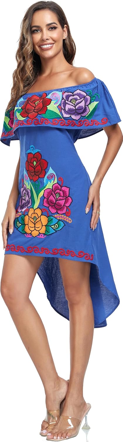 YZXDORWJ Women's Mexican Asymmetrical Dress Embroidered Floral Off-Shoulder Cocktail Latina Fiesta Dress