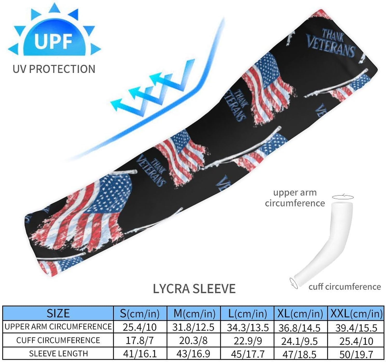 U.S.A Flag Thank Veterans Arm Sleeves Cooling Sun Protection Sports Compression for Golf Basketball