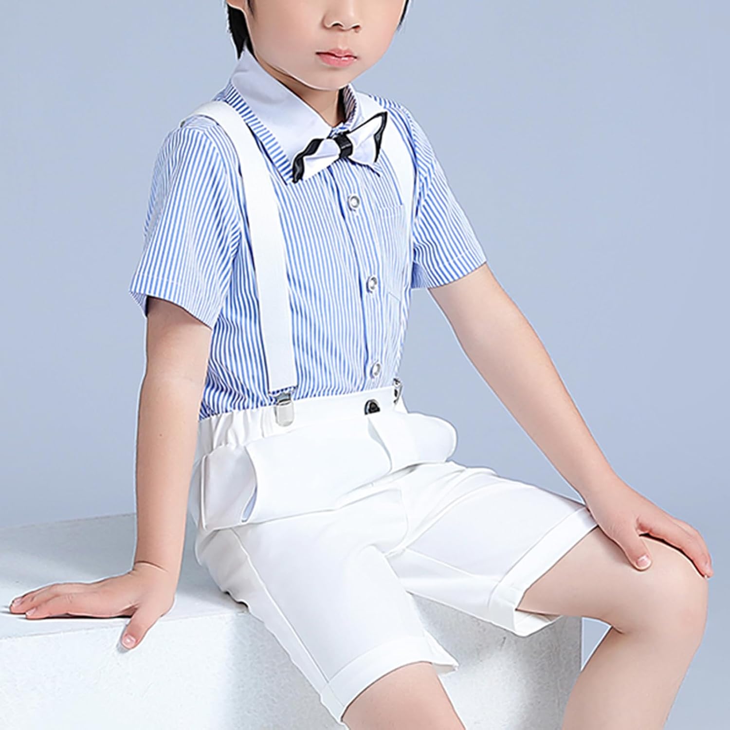 Baby Boy Gentleman Outfits Suits, Short Sleeve Dress Shirt+Bow Tie+Suspender Shorts Summer Wedding Outfits