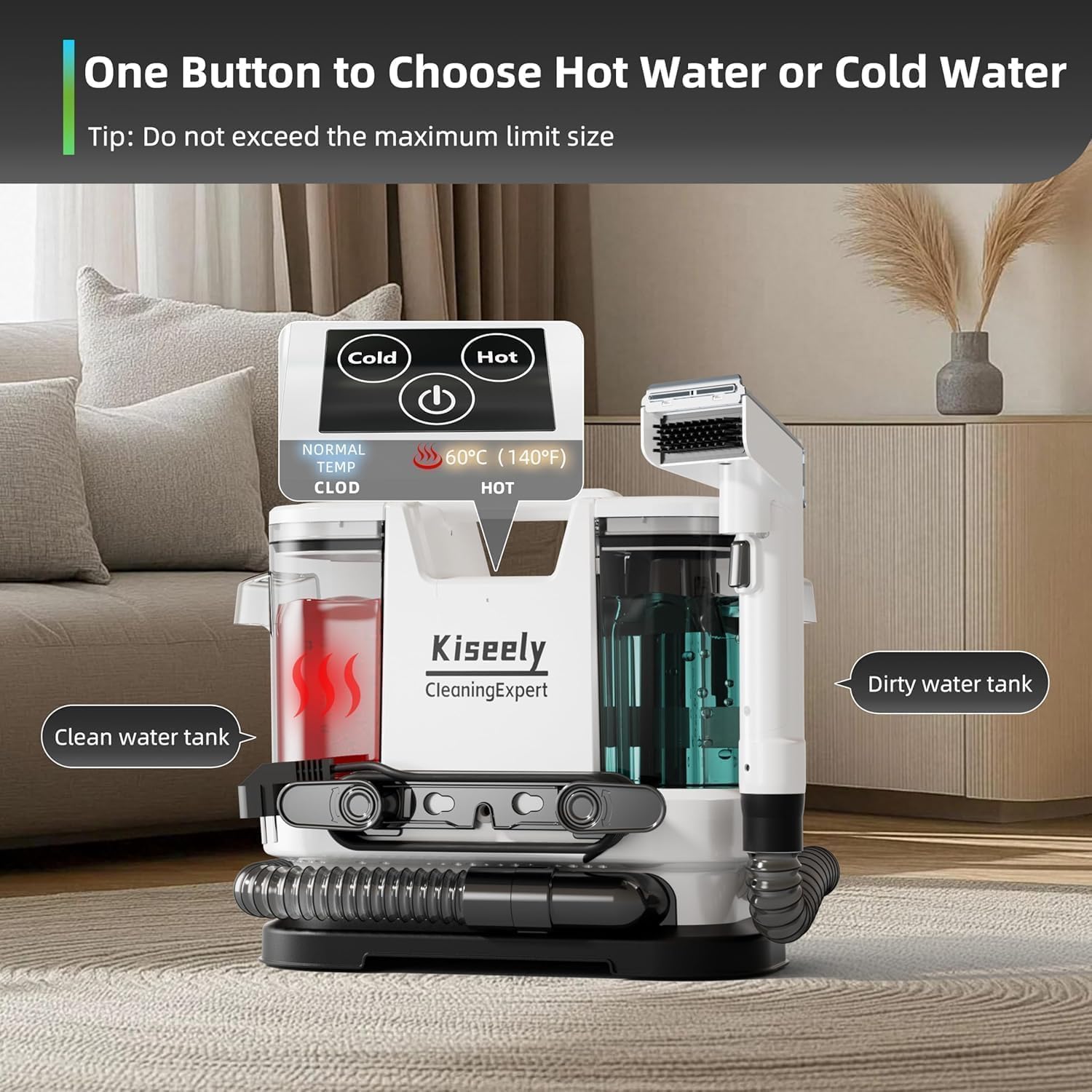 Aspiradora Agua Tapiceria Limpiador, con calentamiento instantáneo, 600W potente succión y limpieza profunda para alfombras, sofás, coches y mascotas (WB1)