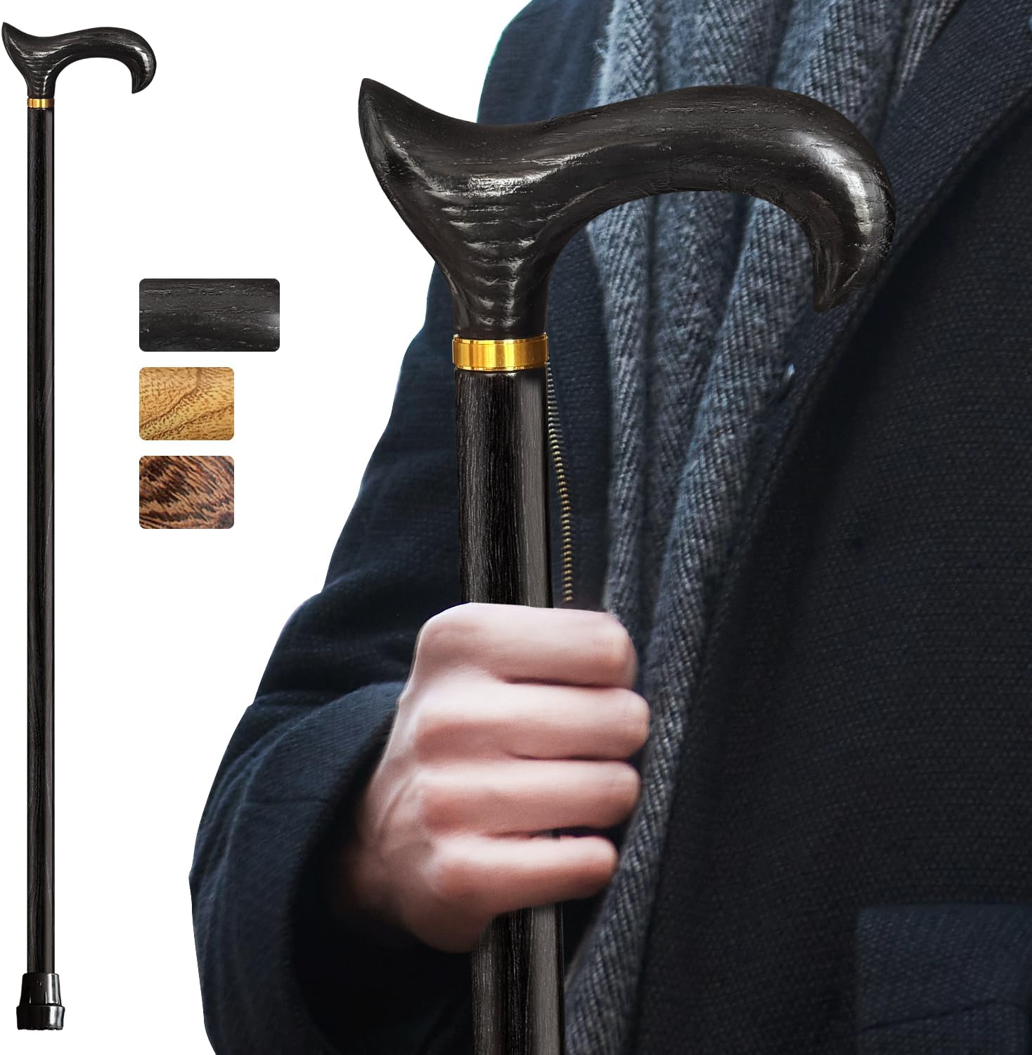 Wooden Walking Cane for Men and Women, Handmade, Support up to 500 lbs Canes for Seniors,Ergonomic, Natural Solid Wood High-end Derby Cane Suitable for Personal Use and Daily Support