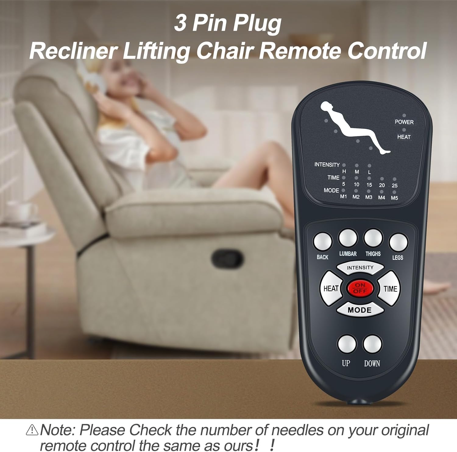 New 3 Pin Replacement Massage Function Remote Handset Controller for Recliner Lift Chair, Controls 1 Lifting Up/Down Motor 4 Sets of Vibration Motors 1 Heating Pad Rocker Chair Controller