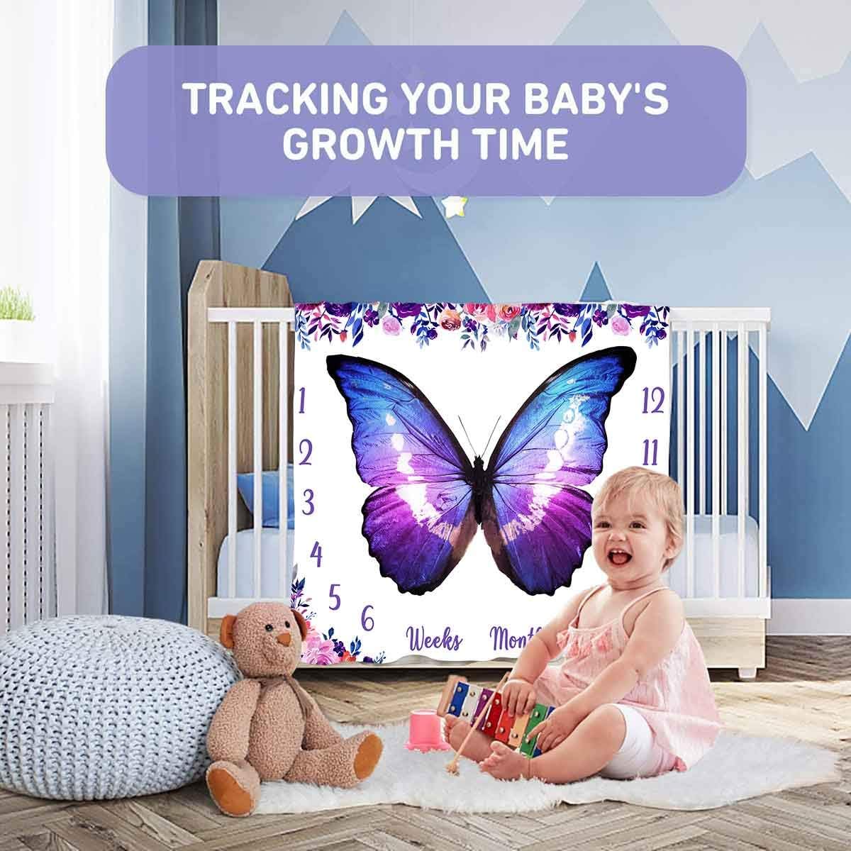 Baby Monthly Milestone Blanket, Colorful Butterfly Wings Watercolor Flowers Blanket for Nursery, Unisex for Newborn 1-12 Months, Includes 4 Frame and 1 Headband 47"x47" BTLSPH442