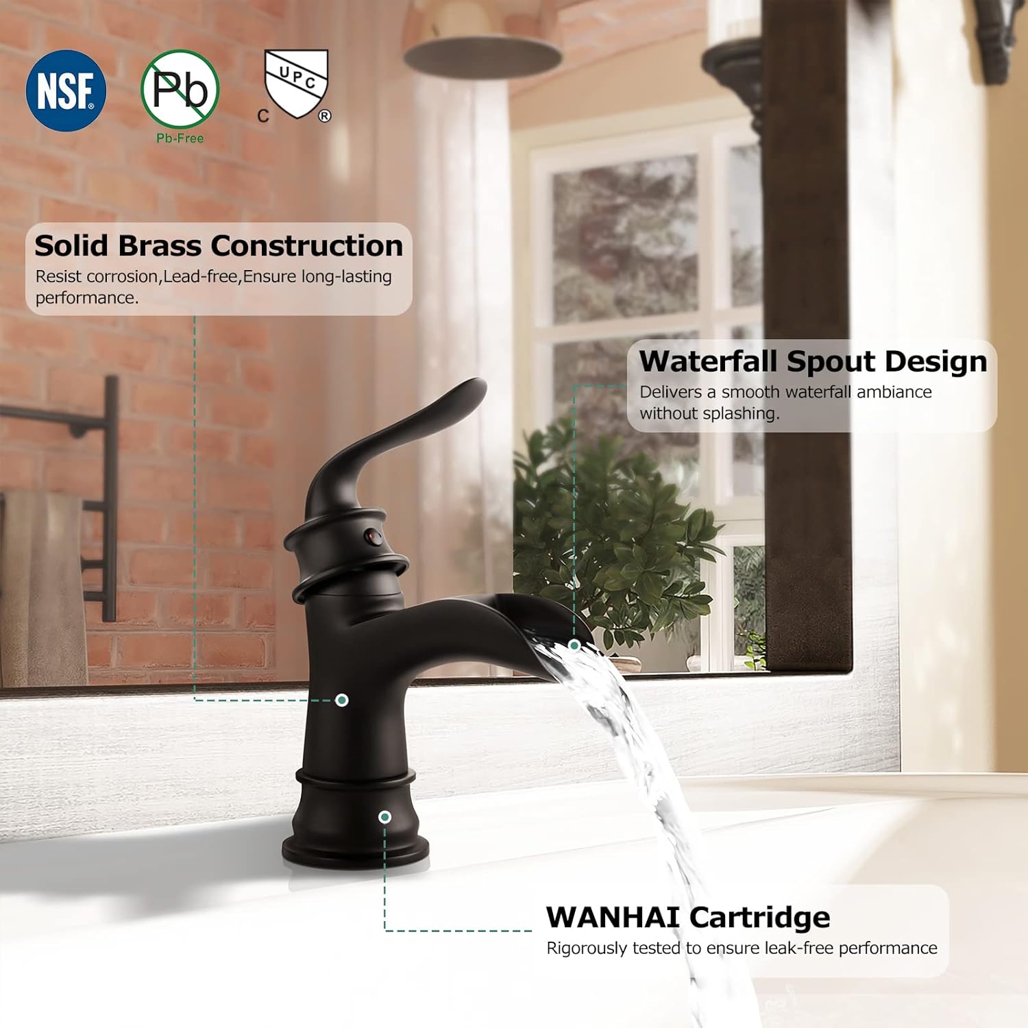 PARLOS Single Handle Bathroom Faucet, Waterfall Sink Faucet with Pop Up Drain, Escutcheon and Cupc Water Supply Lines, Matte Black, 1434904