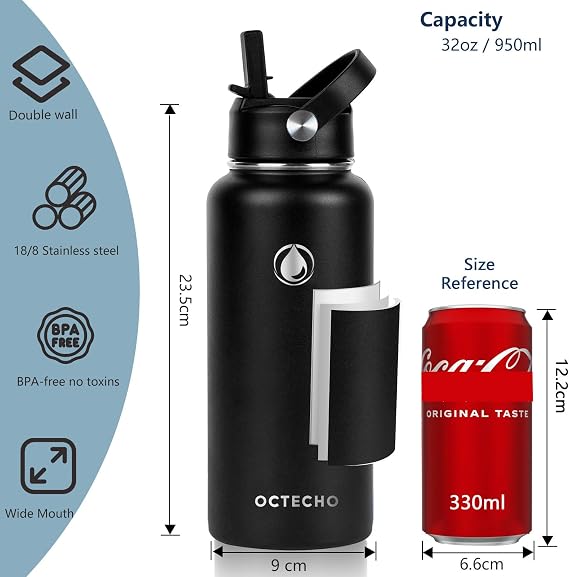 Metal Water Bottle with Straw, 950ml Stainless Steel Water Bottle 2 Leakproof Lids, BPA Free Double Walled Vacuum Insulated Water Bottles Thermal for 12h Hot & 24h Cold,for Man,Woman-Black