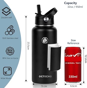 Metal Water Bottle with Straw, 950ml Stainless Steel Water Bottle 2 Leakproof Lids, BPA Free Double Walled Vacuum Insulated Water Bottles Thermal for 12h Hot & 24h Cold,for Man,Woman-Black