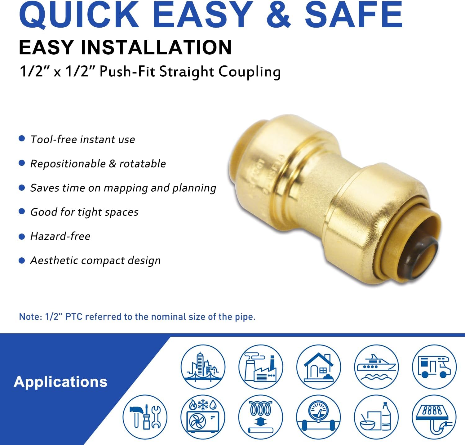 Z 1/2 Inch Push to Connect Fittings, 6-Pack Brass Couplings & Clip, for PEX, Copper, CPVC Pipe, Certified Lead-Free for Plumbing & DIY Repairs