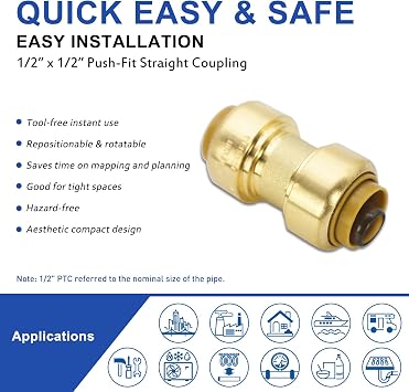 Z 1/2 Inch Push to Connect Fittings, 6-Pack Brass Couplings & Clip, for PEX, Copper, CPVC Pipe, Certified Lead-Free for Plumbing & DIY Repairs