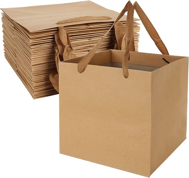 LOLYSIC 20 Pcs Brown Paper Gift Bags with Handles, 20x20x20 CM Brown Paper Bag with Wide Handles, Luxury Present Kraft Paper Bag, Recycled Shopping Paper Carrier Bags for Birthday Christmas Party