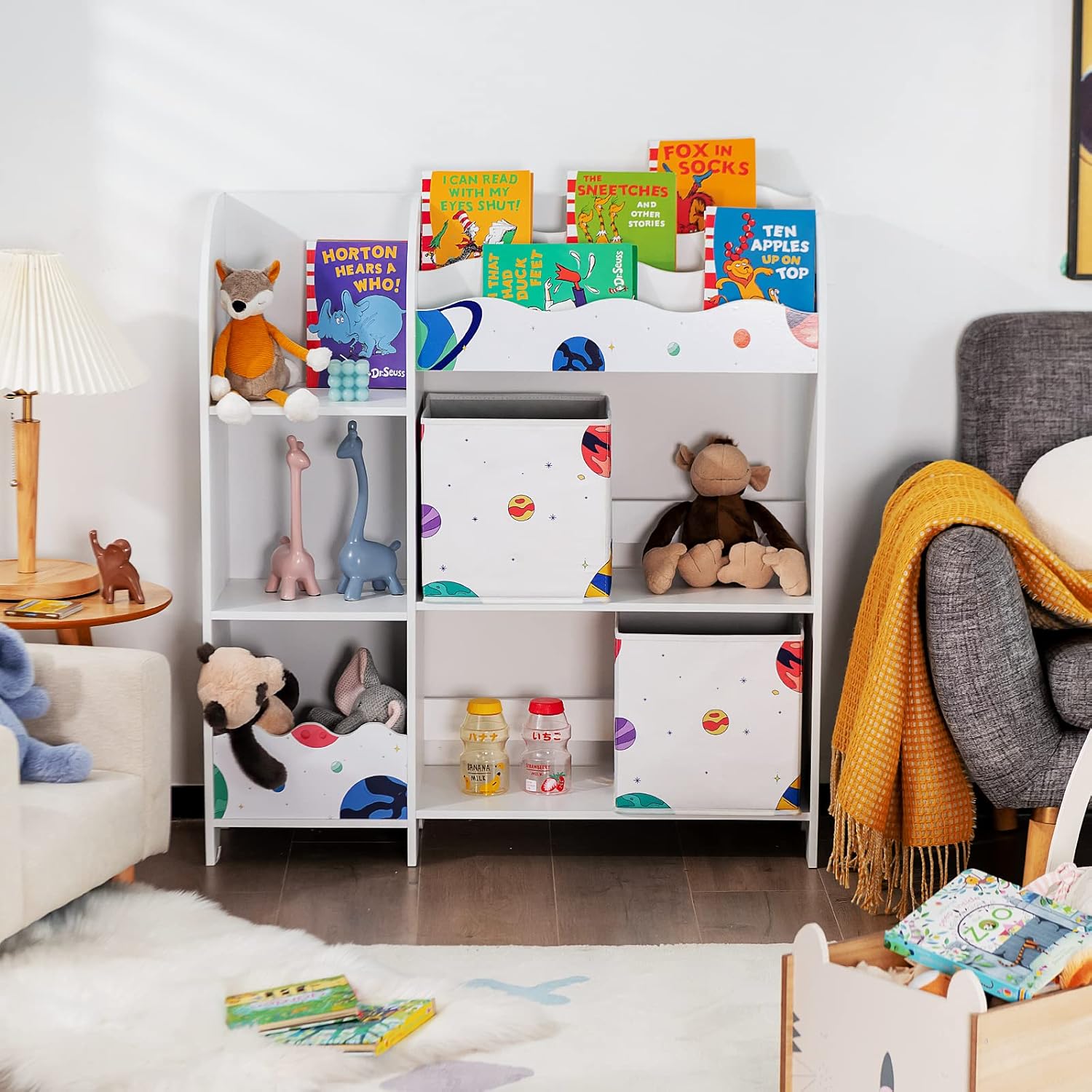 Costzon Toy and Book Organizer for Kids, Wooden Storage Display Cabinet Bookshelf w/5 Open Shelves, 2 Storage Boxes and 3 Slots, Kids Storage Unit for Playroom, Classroom, Living Room (Planet)