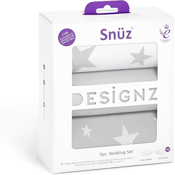 Snüz 3 Piece Crib Bedding Set – 100% Jersey Cotton – Grey & White Blanket and Crib Sheets – Star