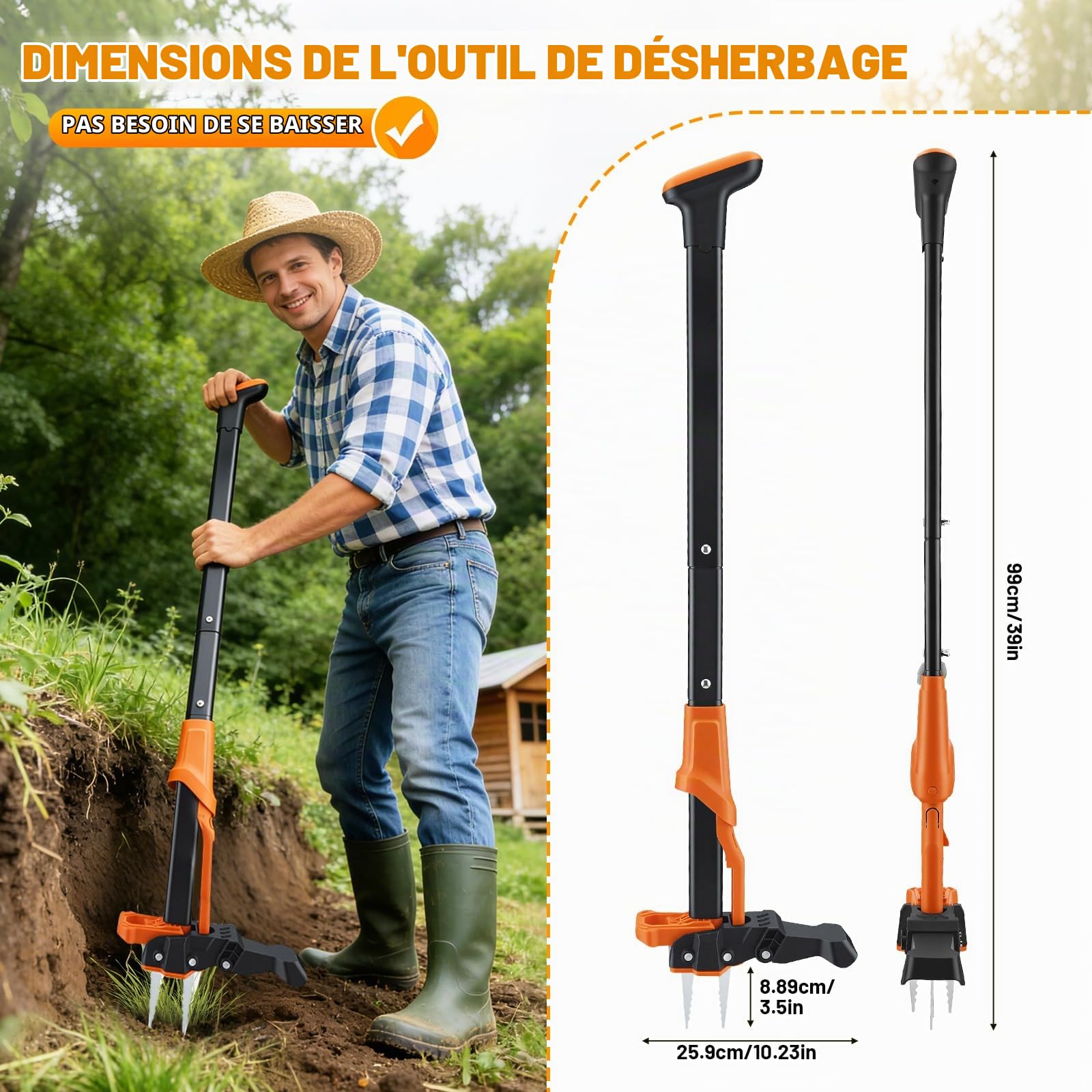 Désherbeur Manuel et Extracteur de Mauvaises Herbes avec sac de jardin de 50l, Longueur 100cm, 4 Griffes arrache-Racines en Acier en Outil de Désherbage Longue Manche pour Enlever Mauvaises Herbes