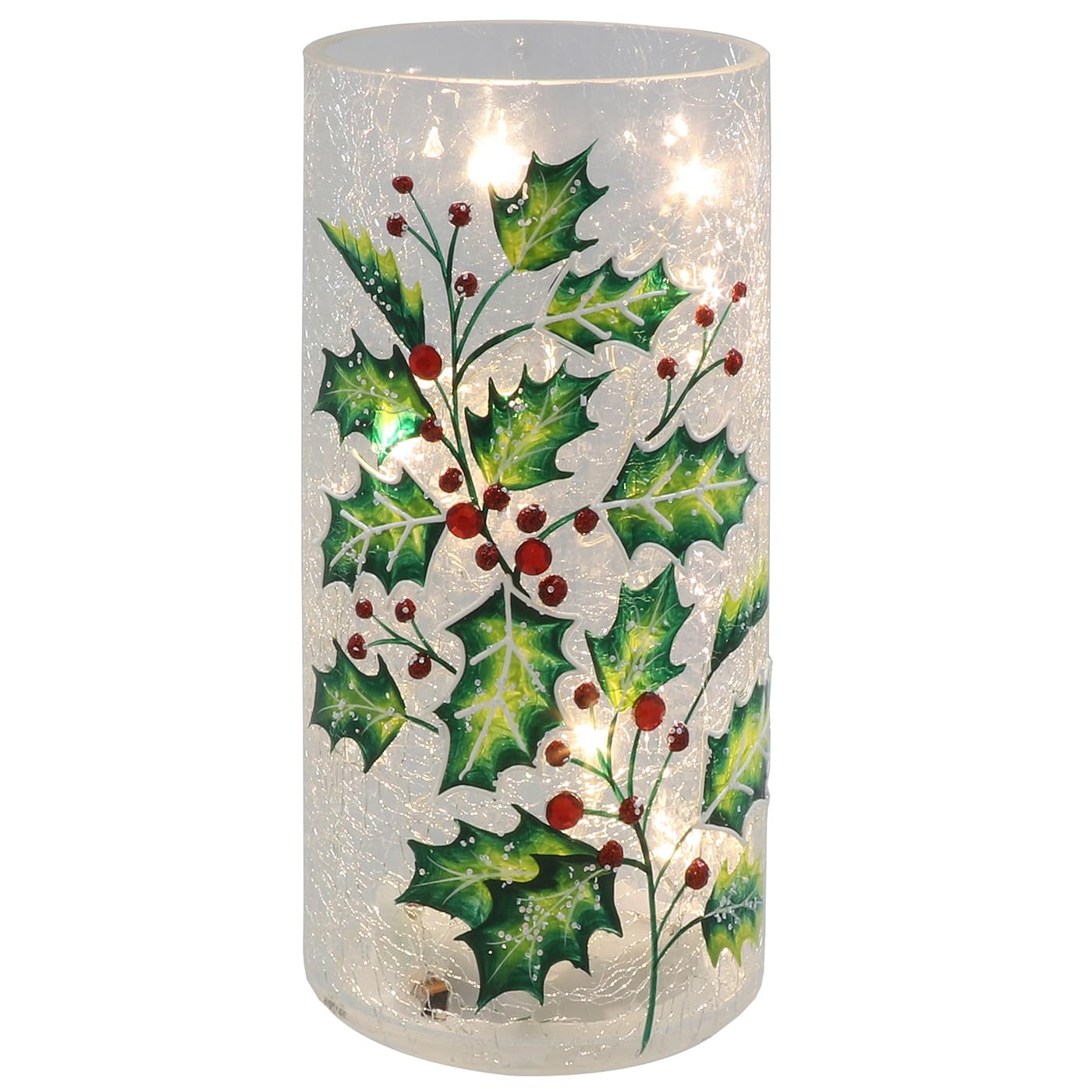 Shudehill Giftware Xmas Crackle Glass LED Lights Holly Tube Battery Operated Festive Decoration (Height 20.5cm x Width 10cm x Depth 10cm)