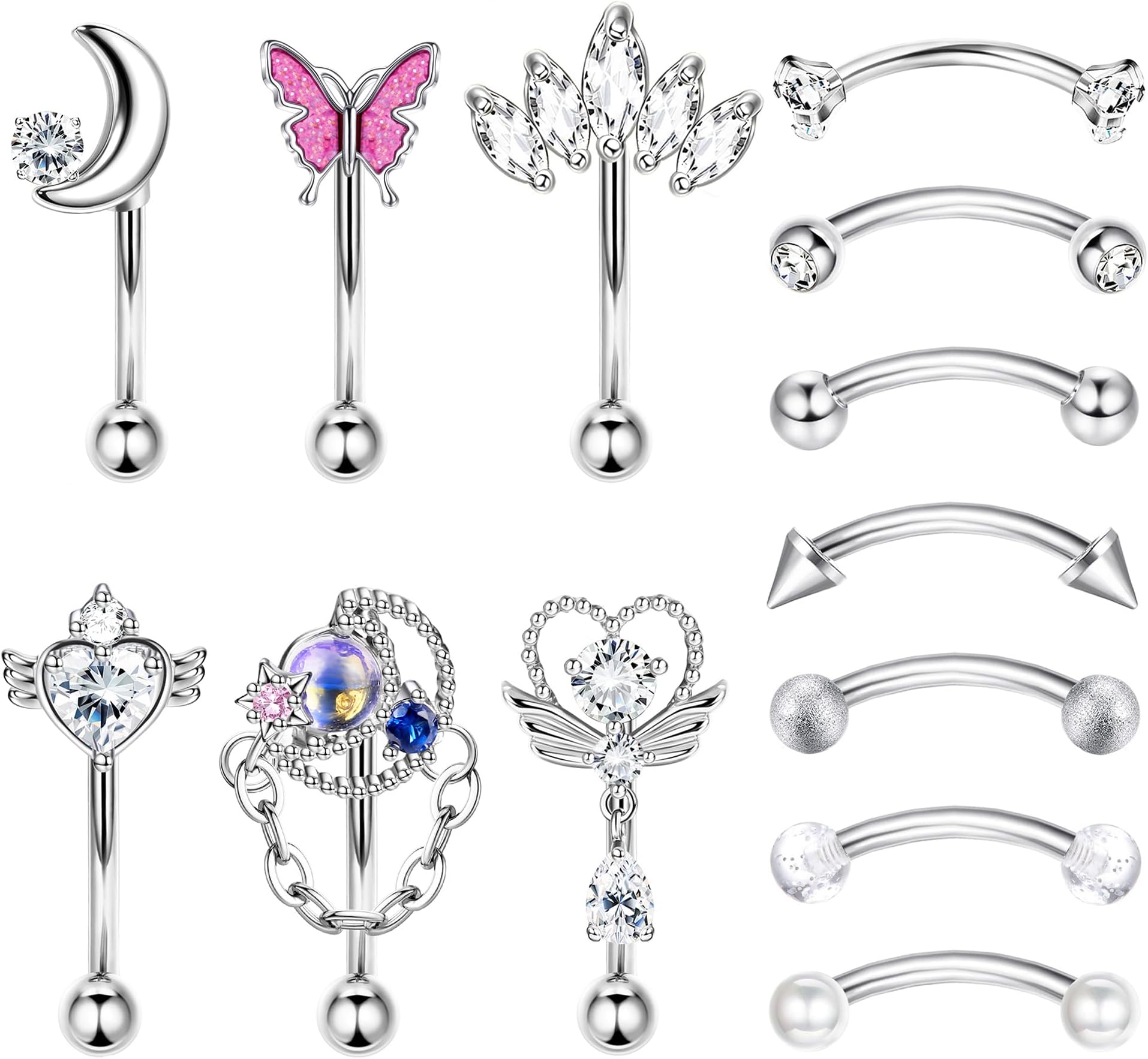 13Pcs Rook Piercing Jewelry Eyebrow Rings for Women 16G Surgical Steel Curved Barbell Rook Earrings Lip Rings Rook Eyebrow Cartilage Daith Surface Tragus Piercing Jewelry