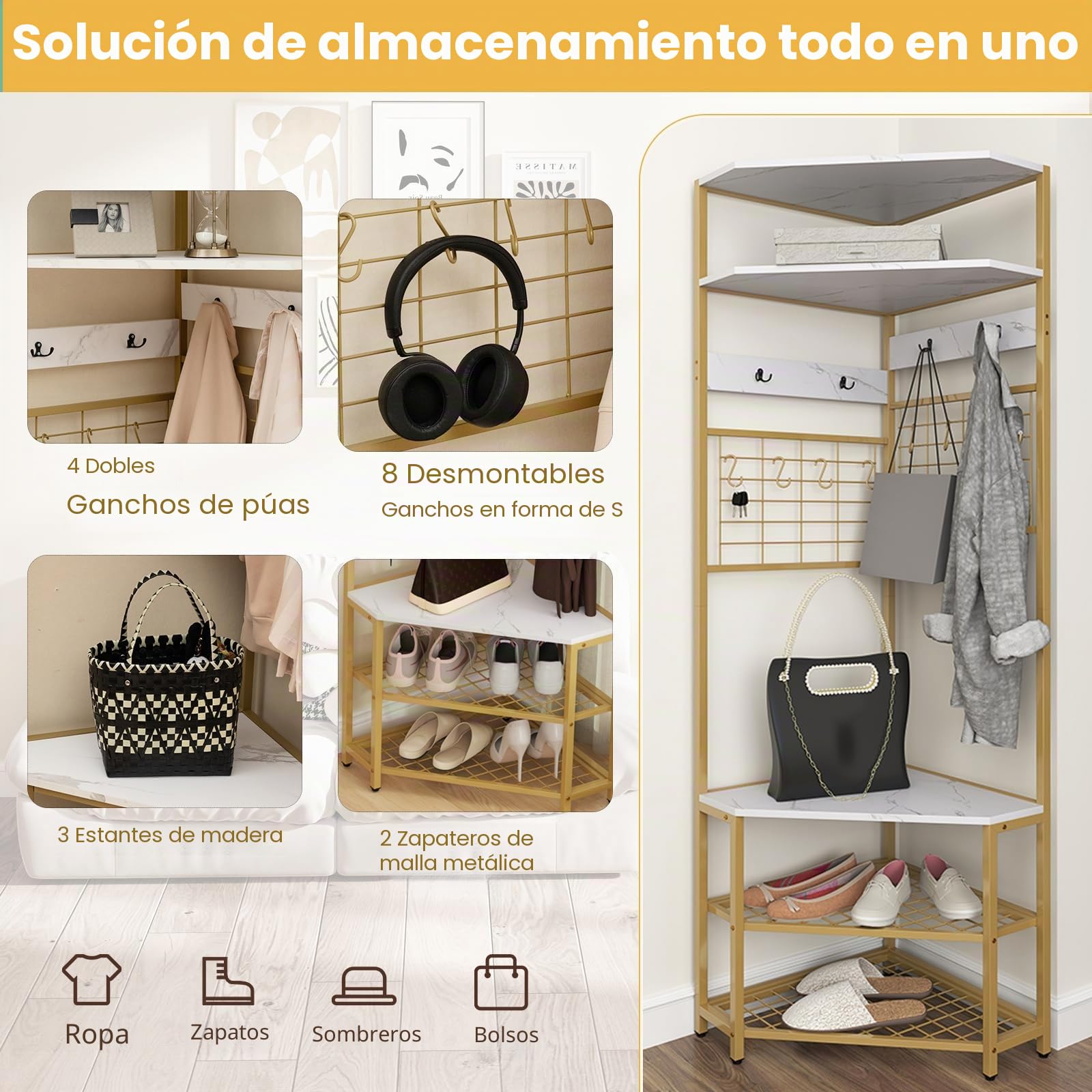 HOMASIS Perchero de esquina con banco, perchero 3 en 1 con 12 ganchos, 2 zapateros y 3 estantes, perchero de metal para esquina, para pasillo, salón, dormitorio (blanco)