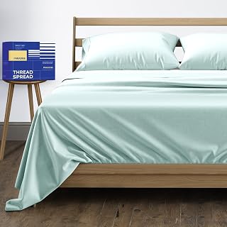 THREAD SPREAD 100% Egyptian Cotton Bed Sheets Queen Size Set - 4 PC High Thread Count Egyptian Cotton Queen Size Sheets Deep Pocket 16" (Sea Foam), Soft Cooling Sateen Luxury Hotel Bed Sheet