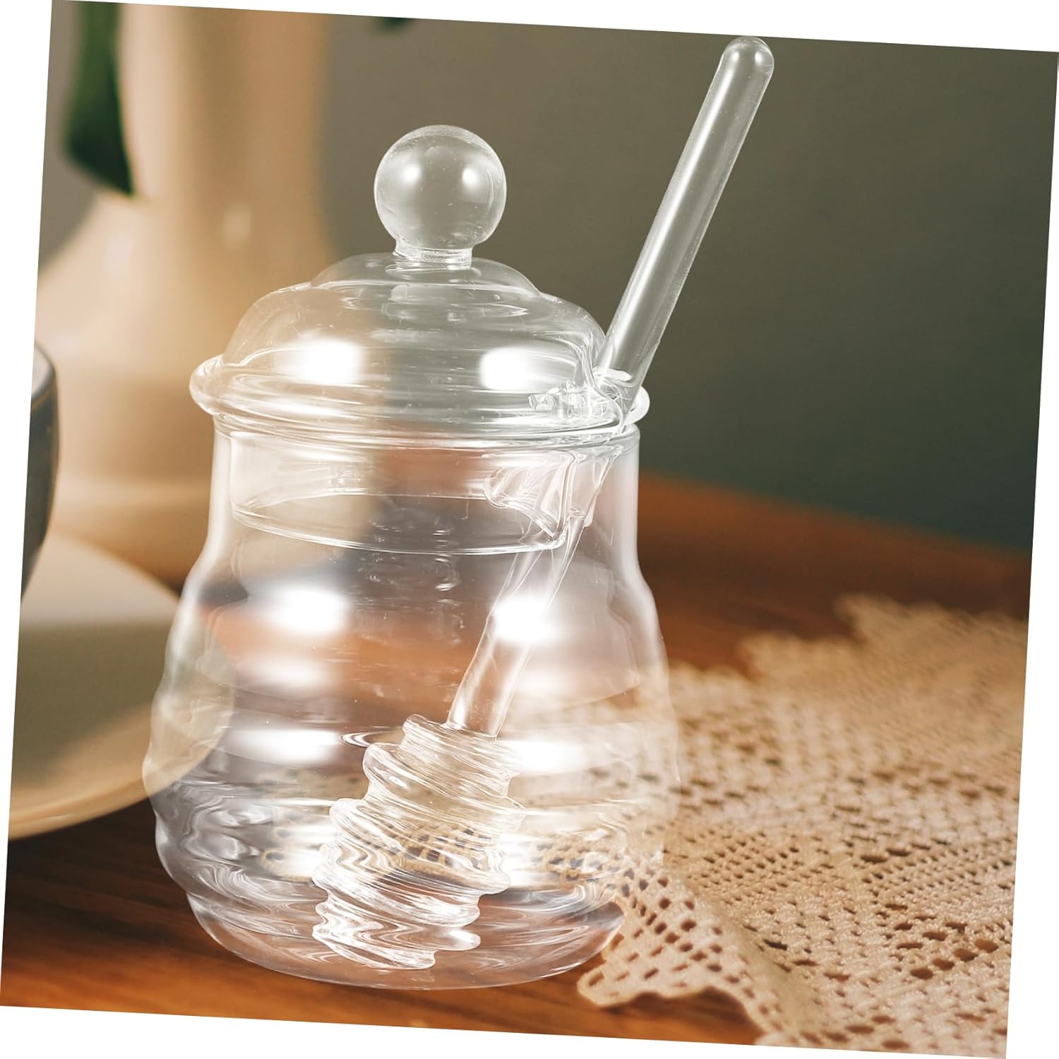 Clear Borosilicate Glass Honey Jar Set with Spiral Dipper and Lid Transparent Honey Pot Container for Home Kitchen Storage and Easy Dispensing