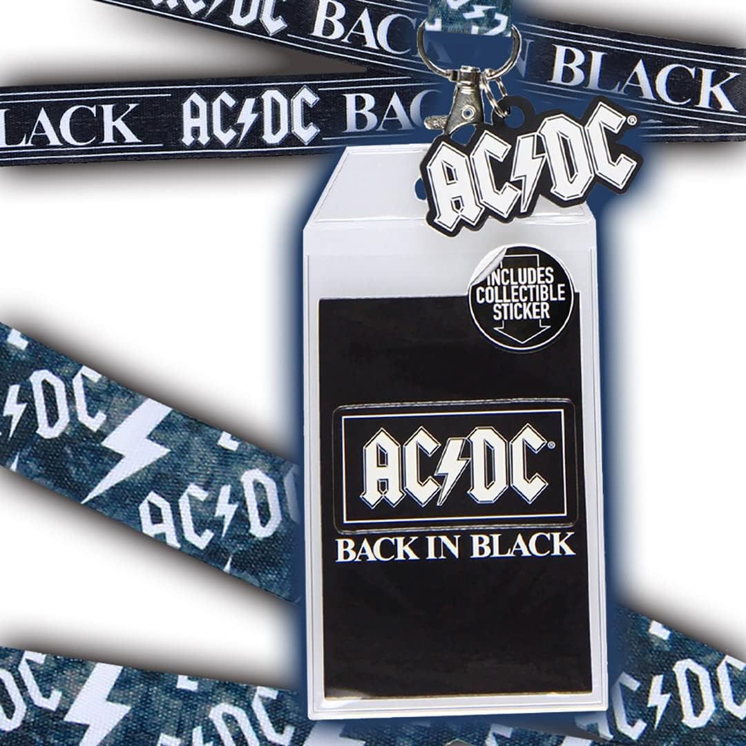 AC/DC Back in Black Reversible ID Lanyard Badge Holder with Rubber Logo Charm and Collectible Sticker (Pack of 2)