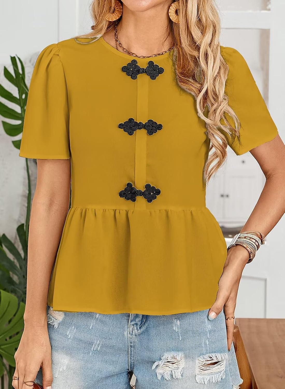 Women's Tunics Babydoll Top Short Sleeve Summer Tops Crew Neck Ruffle Pleated Blouse Tee Shirts - Image 2