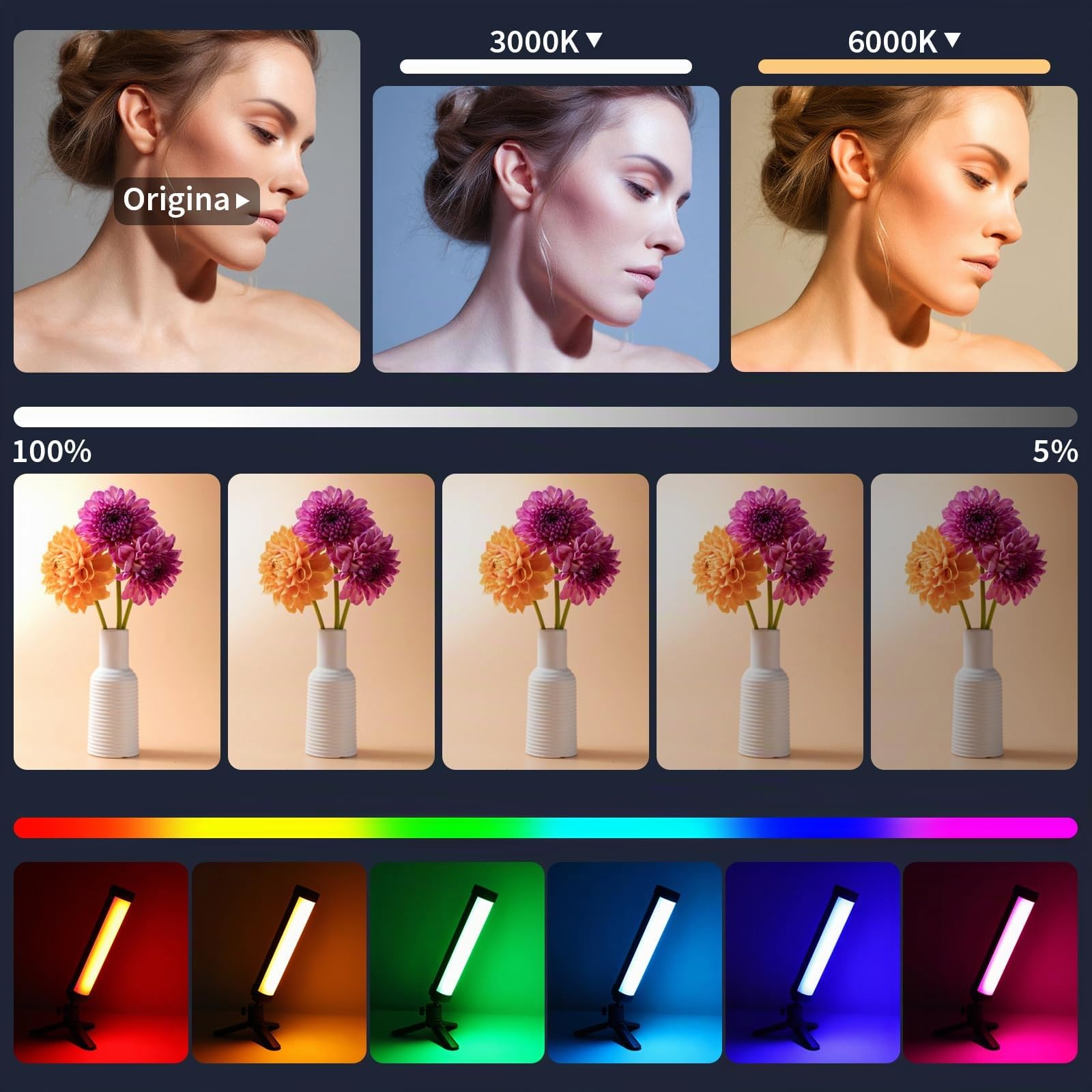 LUXCEO Eclairage Video LED,Bâton Lumineux LED RVB 3000 K/6000 K,Lumiere Photo RVB avec Batterie de 2000 mAh,CRI95+,Lumière de Photographie Portable pour Photographie Youtube,TikTok Video Vlog