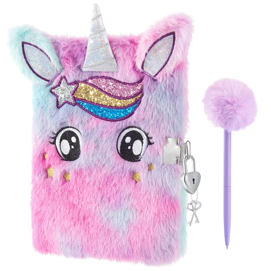 Uooker Unicorn Secret Diary With Lock For Girls, Plush Unicorn Journal