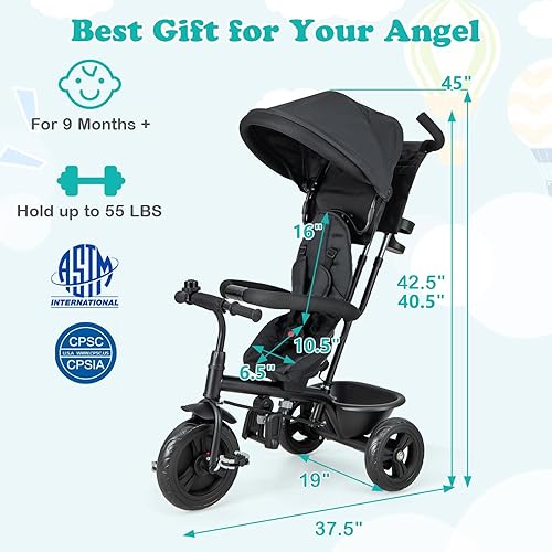 Miniatura 3 de HONEY JOY Triciclo, cochecito 4 en 1 para niños con asa de empuje ajustable y toldo, asiento reversible, cinturón de seguridad, pedal plegable,