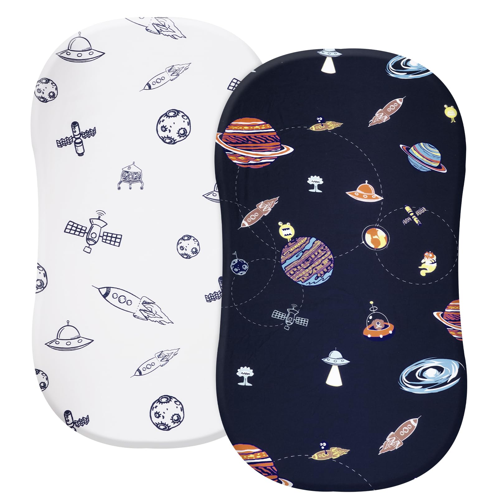 phf soft bassinet sheet set, 2 pack silky comfy breathable cradle sheets for baby boys girls, univeral fit for most cradle and bassinet mattress, space