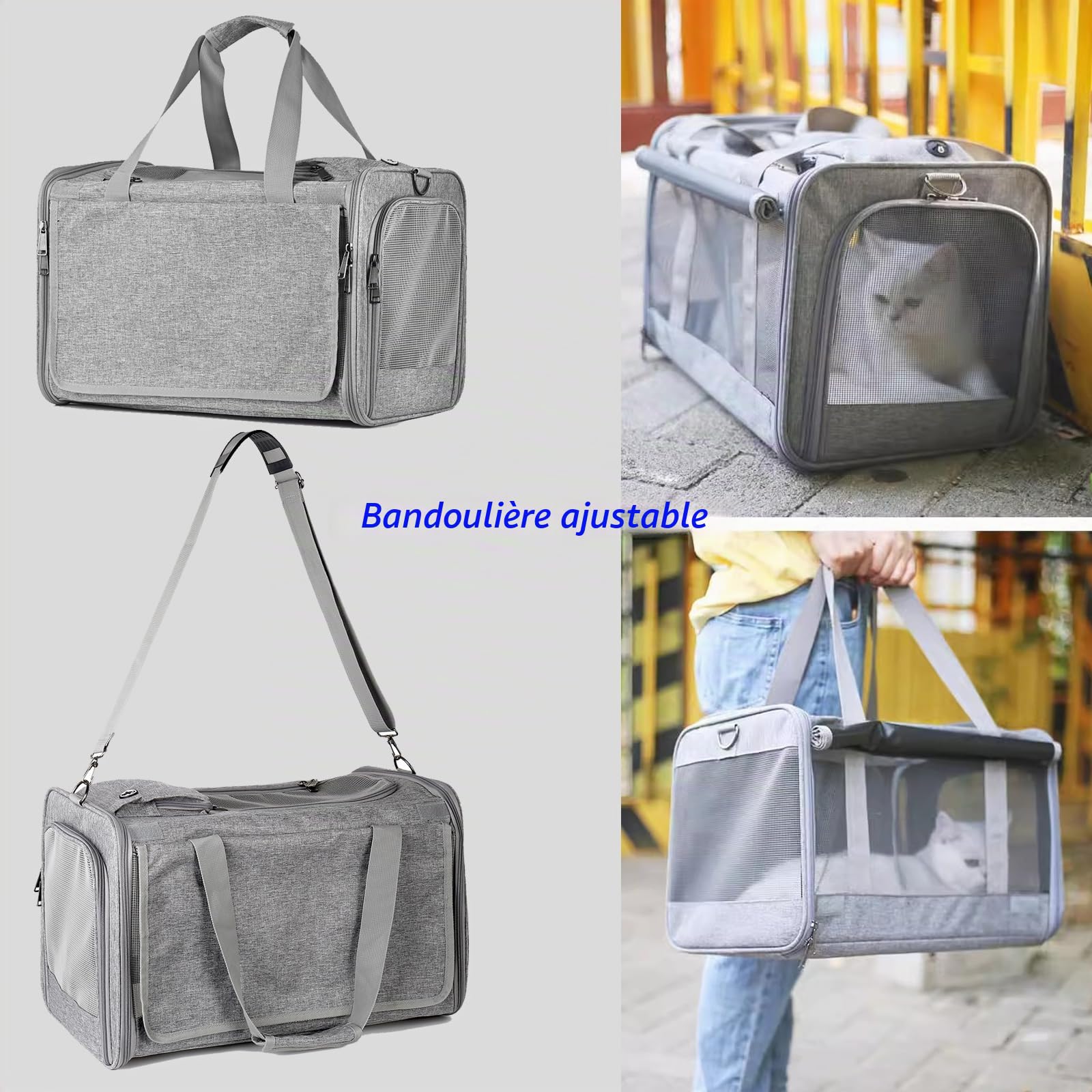 Sac Transport Chat Pliable Caisse de Transport pour Chat Petit Chien Respirant Sac de Transport pour Chaton Sac pour Animal de Compagnie avec Bandoulière Réglable (Gris)
