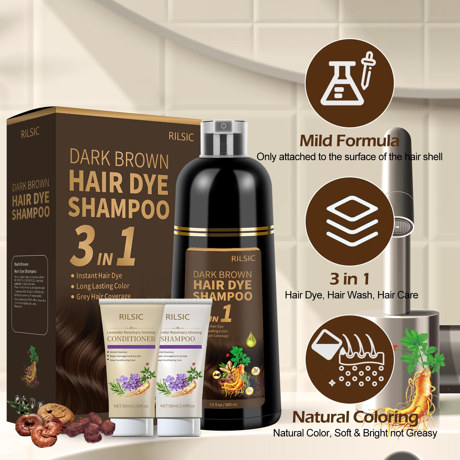 Amazon.com : RILSIC Dark Brown Hair Dye Shampoo 3 in 1 for Grey