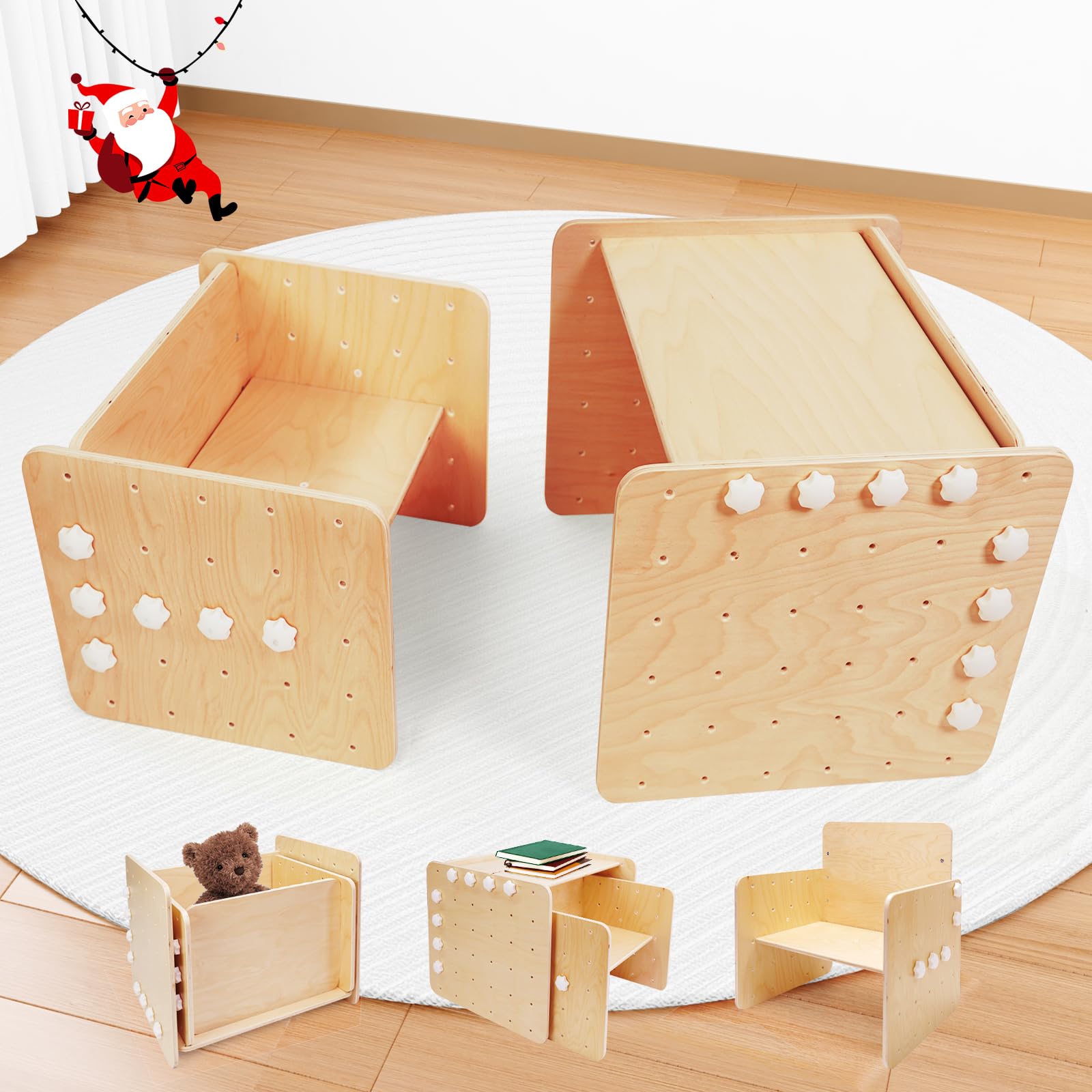 WOOD CITY Weaning Toddler Table and Chair Set (19.7inch), Height-Adjustable Real Hardwood Desk, Snack Time, Activity Cube, Step Stool, Montessori Furniture for Kids 2-6 Year Old