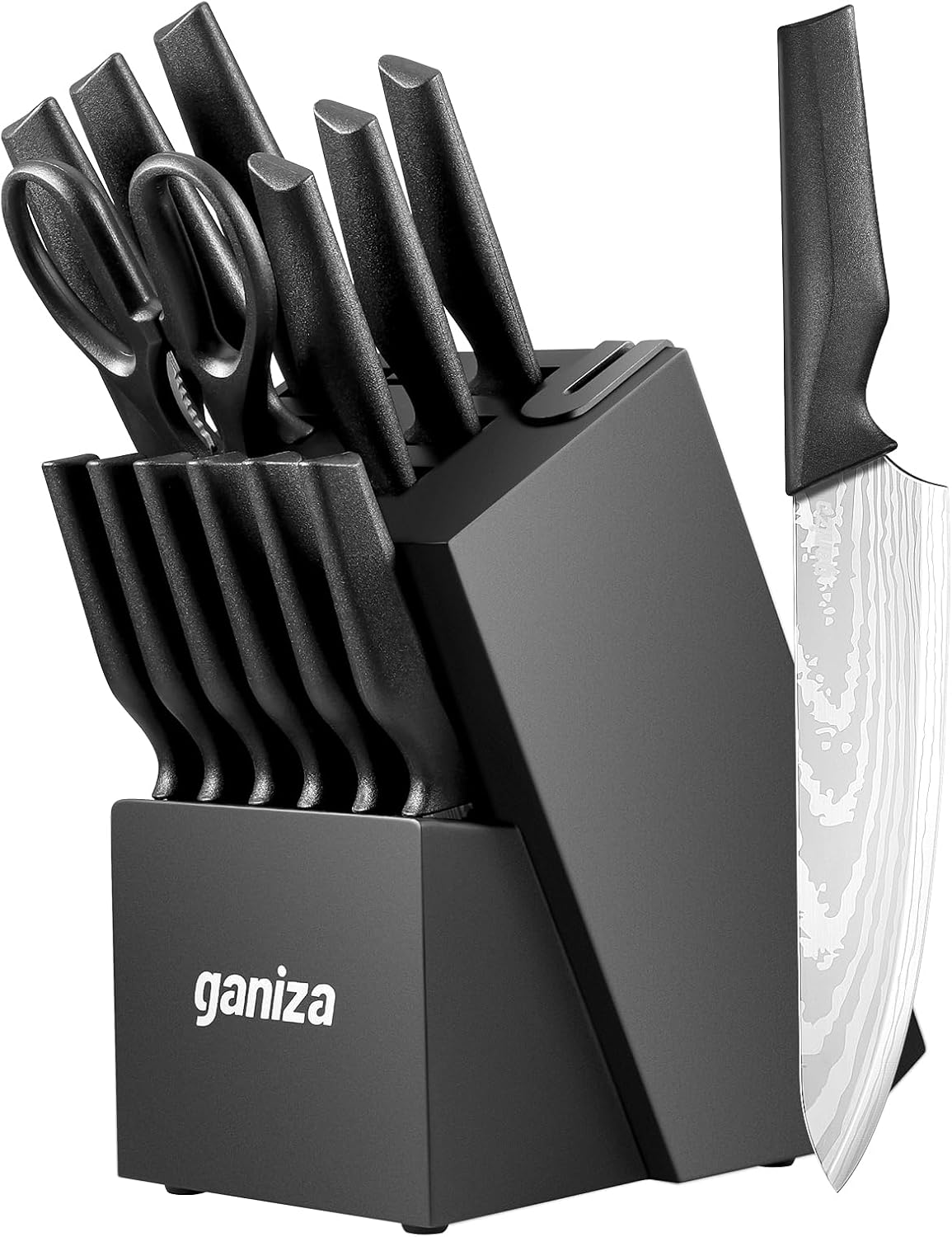 Knife Set, Ganiza 15pcs Knife Set for the Kitchen with Block, Built-in Sharpener, High Carbon Stainless Steel Kitchen knife set with Laser Pattern, Sharp & Rust Resistant