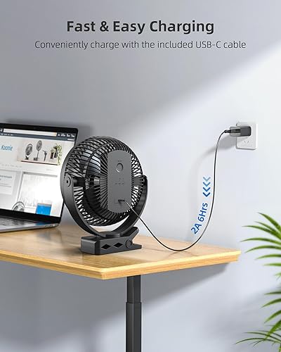 Miniatura 7 de Koonie-Ventilador de clip, 10,000 mAh, recargable, 8 pulg, USB, 4 velocidades, fuerte flujo de aire, abrazadera, p/carrito de Negro,Azul,Negro