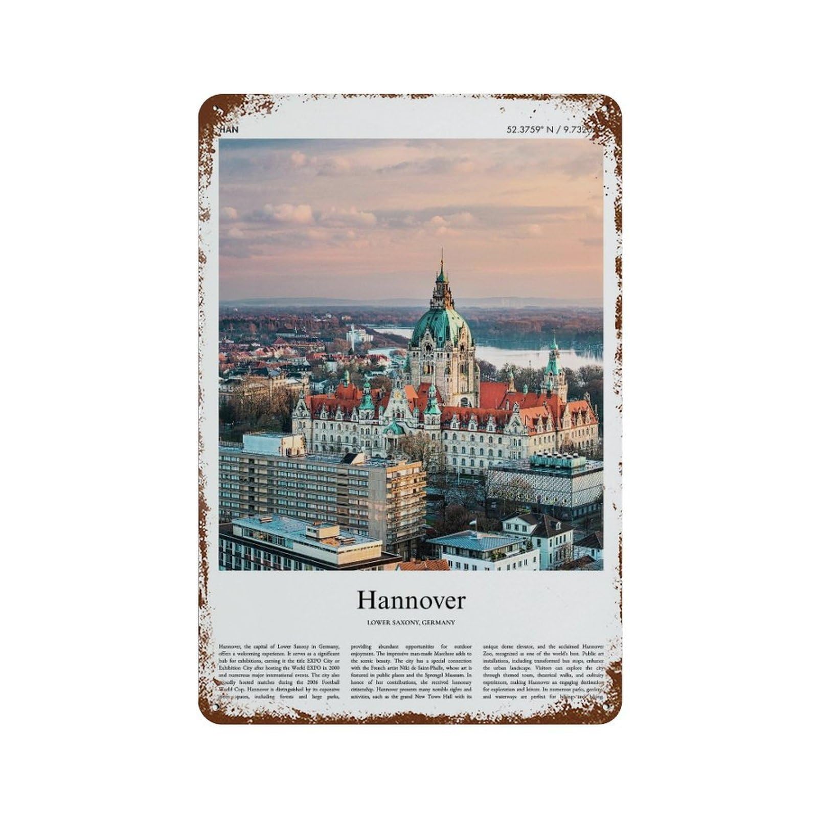 xiaoxiaoshen Hannover Lower Saxony, Germany City Scenery Wall Decor Art Metal Tin Poster Modern Home Decor Art Home Bar Shop Decorations Vintage Sign 30x20cm