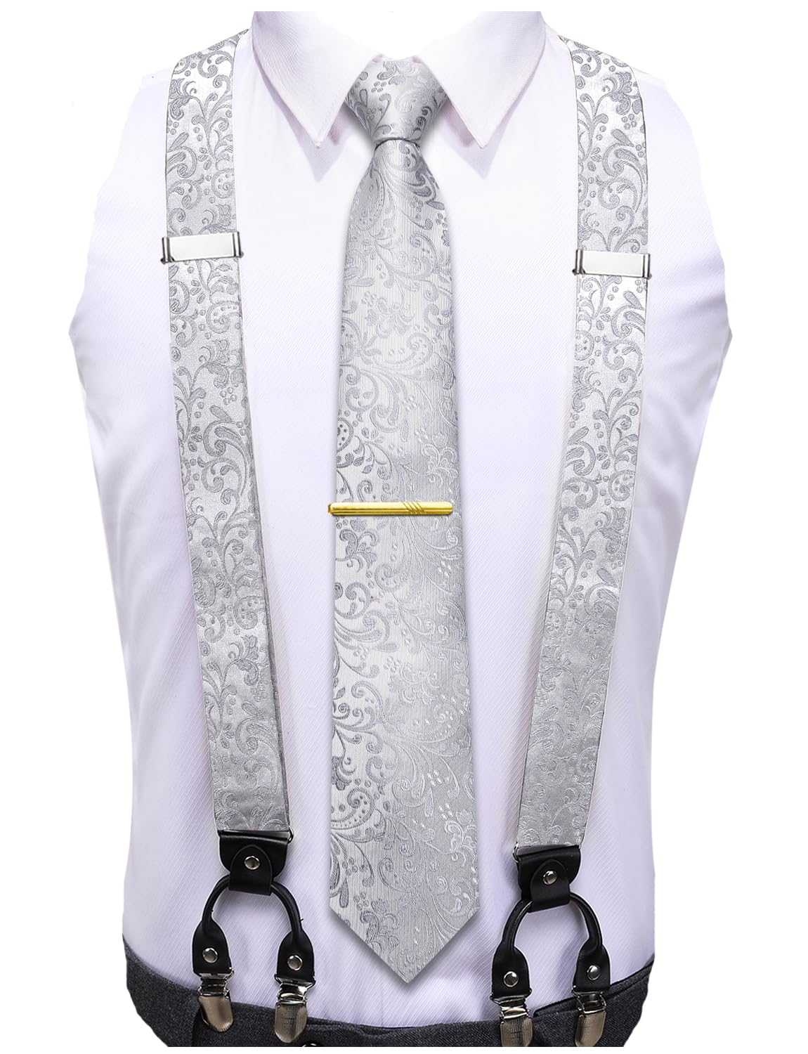 Hi-TieMen's Suspender and Tie Set Adjustable Y Braces Pocket Square Set 6 Clips for Wedding Prom
