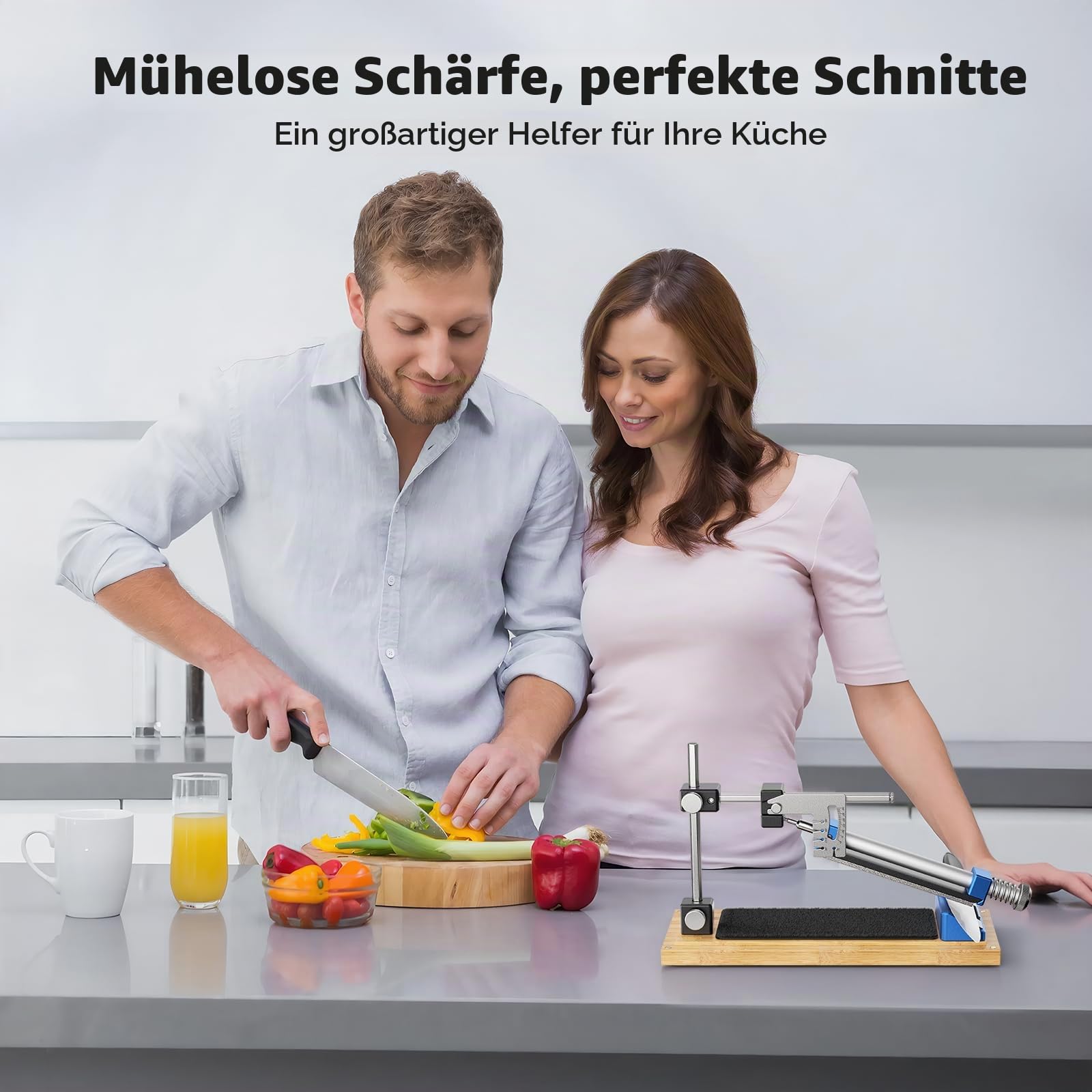 Manuelles Messerschärfer-Set mit Winkelführung – Professionelles Set mit 4 Schleifsteinen für alle Küchen- und Outdoormesser, Rutschfester Holzsockel (SJ5424M)