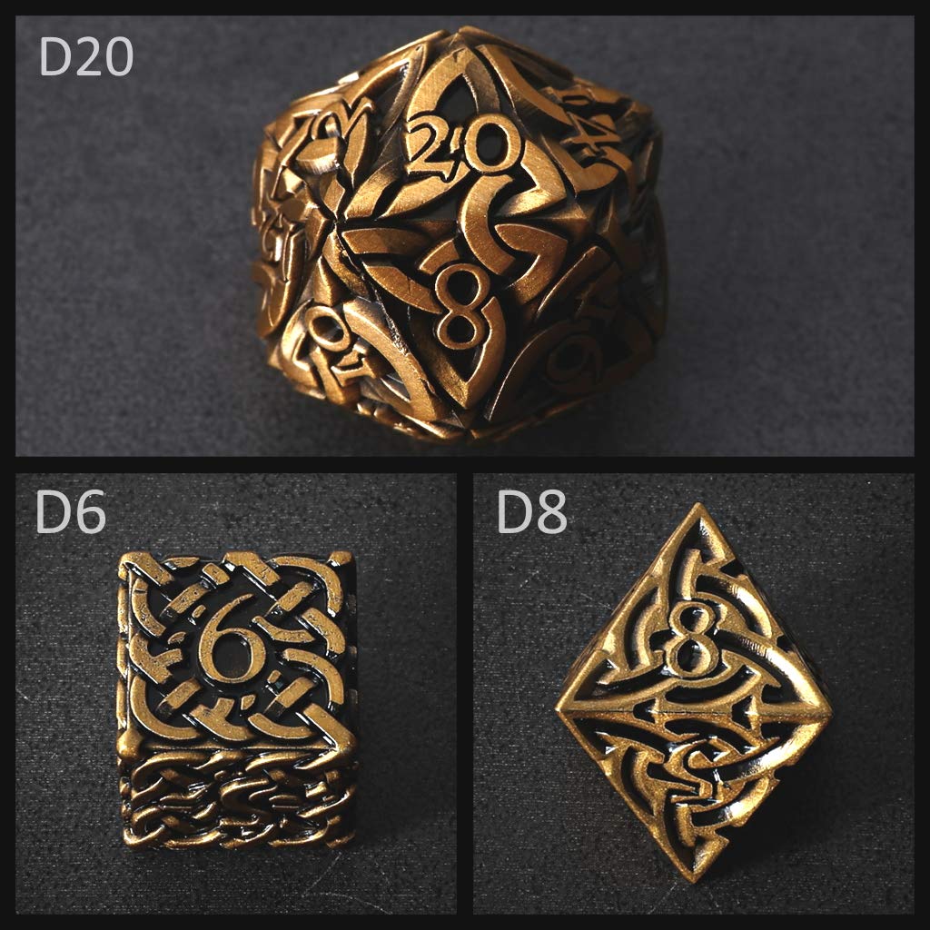 Lot de 7 dés en métal polyédrique doré antique avec nœuds celtiques extra lourds et grands pour DND DnD5e TTRPG Dés RPG de table Magicien Moine Paladin Clerc Artificateur Dés