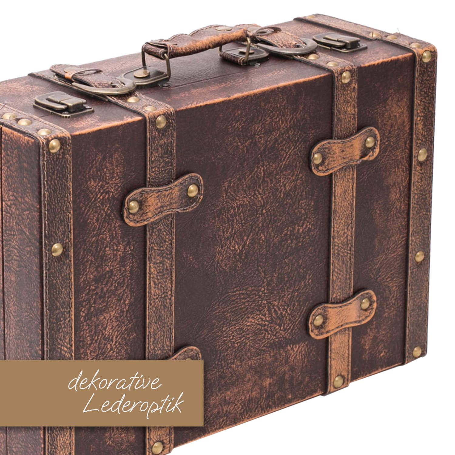 HMF Vintage Deko Koffer aus Holz, Aufbewahrungsbox mit Deckel und Ledergriff, stilvolle Aufbewahrung und Geschenkidee für Hochzeit oder Geburtstag | Klassik | 38 x 26 x 13 cm
