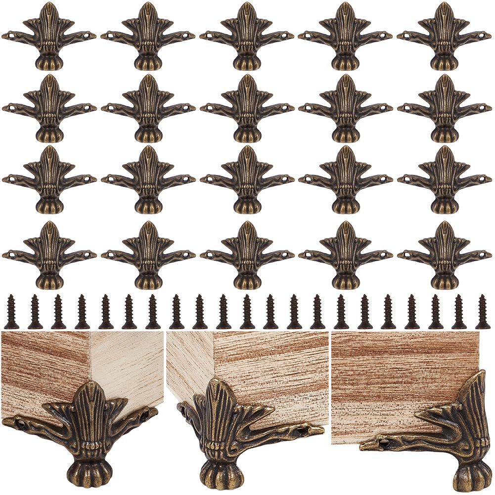 CABODYALS 24Pcs Zinc Alloy Antique Bronze Brass Box Legs Feet Vintage Wooden Case Decorative Leg Metal Jewelry Chest Storage Corner Protector with Screws for Gift Wood Boxes Cabinets Decor