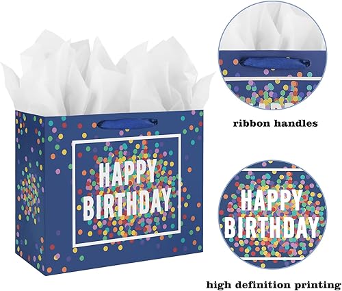 Miniatura 4 de Bolsa de regalo de cumpleaños grande de 13 pulgadas, color azul con tarjetas y papeles de seda, para hombres y niños, diseño de puntos coloridos con
