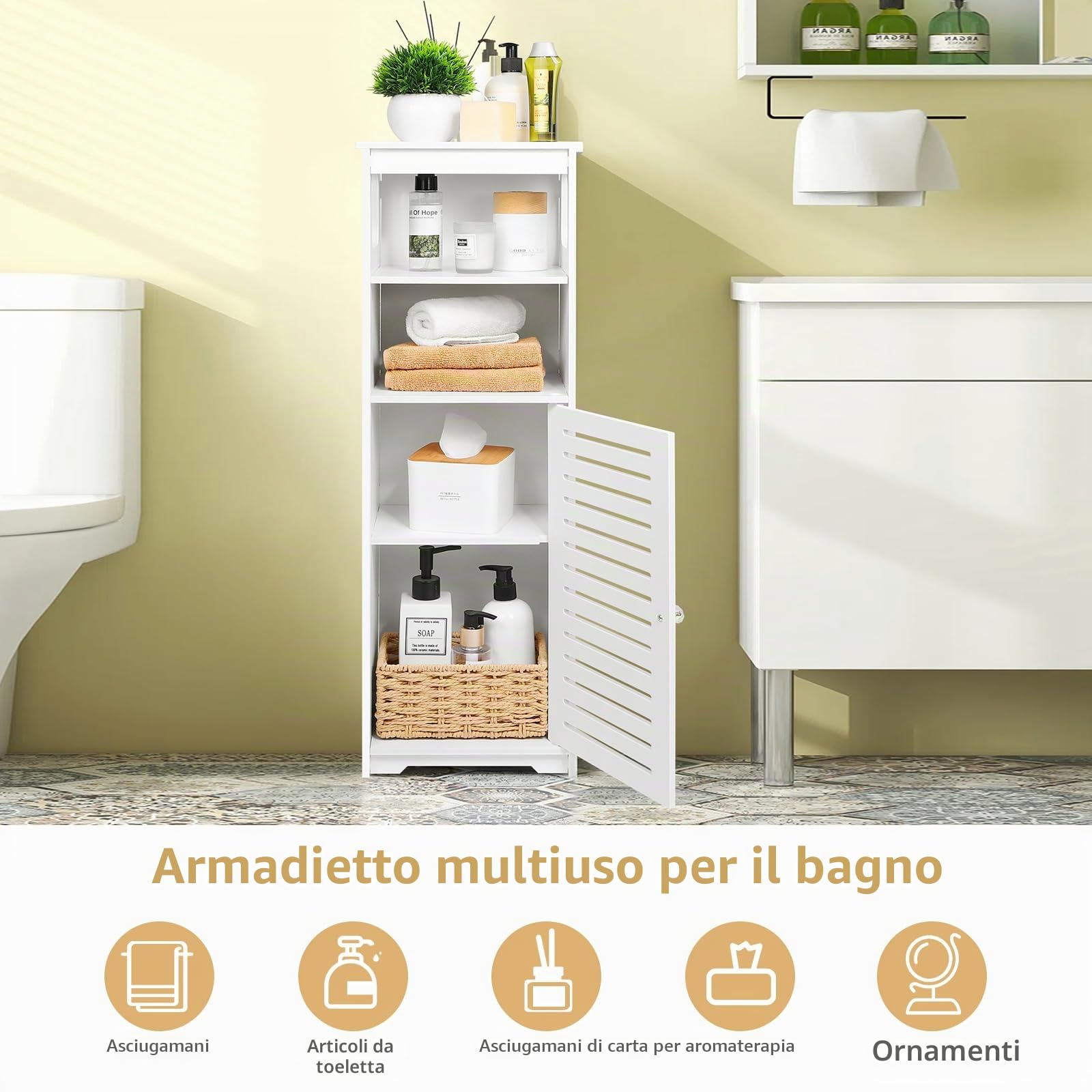 UTOKON Armadietto da bagno impermeabile, bianco a pavimento, per riporre oggetti per la casa, per WC, camera da letto, cucina, soggiorno